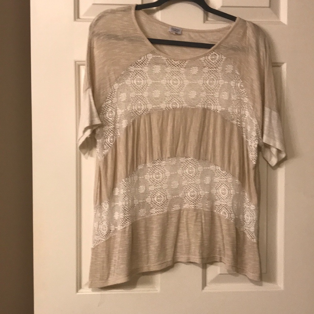 tanish cream and white shirt